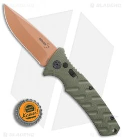 Boker Strike Desert Warrior Automatic Knife OD Green (3.25" D2 Copper) -Adventure Knife Shop Boker Strike drop point Desert Warrior OD Green copper BHQ 70998 er bottlecap