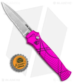 Piranha Bodyguard Automatic Knife Pink Aluminum (3.3" Serr Stonewash) -Adventure Knife Shop Piranha Bodyguard Auto Pink SW Serr BHQ 167398 jr bottlecap