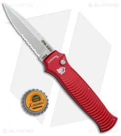 Piranha Bodyguard Automatic Knife Red (3.3" Stonewash Serr) -Adventure Knife Shop Piranha Bodyguard Auto Red SW Serr BHQ 1436 jr bottlecap 4
