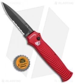 Piranha Bodyguard Automatic Knife Red Tactical (3.3" Black Serr) -Adventure Knife Shop Piranha Bodyguard Auto Red Tactical Black Serr BHQ 1438 jr bottlecap