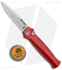 Piranha Mini-Guard Automatic Knife Red (2.9" Stonewash Serr) -Adventure Knife Shop Piranha Mini Guard Auto Red SW Serr P 7RS BHQ 2113 jr bottlecap