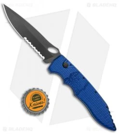 Piranha Mini Predator Blue Tactical Automatic Knife (3.5" Black Serr) -Adventure Knife Shop Piranha Mini Predator Blue Tactical Auto Black Serr BHQ 14560 jr bottlecap