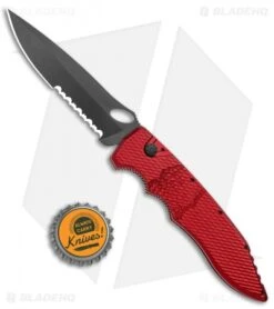 Piranha Mini Predator Red Tactical Automatic Knife (3.5" Black Serr) -Adventure Knife Shop Piranha Mini Predator Red Tactical Auto Black Serr BHQ 14886 jr bottlecap