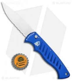 Piranha Blue P-1 Pocket Automatic Knife (3.2" Mirror Serr) -Adventure Knife Shop Piranha P 1 Pocket Auto Blue Mirror Serr BHQ 0016 jr bottlecap