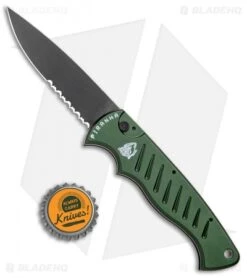 Piranha Tactical Green Pocket Automatic Knife (3.2" Black Serr) -Adventure Knife Shop Piranha P 1 Pocket Auto Green Tactical Black Serr BHQ 1100 jr bottlecap