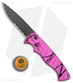 Piranha Pocket Automatic Knife Hot Pink (3.2" Black Serr) -Adventure Knife Shop Piranha Pocket Auto Hot Pink Black Serr BHQ 180416 jr bottlecap