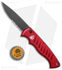 Piranha P1 Pocket Automatic Knife Red Tactical (3.2" Black Serr) -Adventure Knife Shop Piranha Pocket Auto Red Black Serr BHQ 23560 jr bottlecap