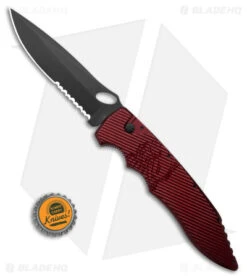 Piranha Predator Red Tactical Automatic Knife (4.1" Black Serr) -Adventure Knife Shop Piranha Predator Red Tactical AK 4in Black Serr BHQ 12750 td size