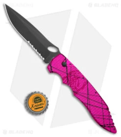 Piranha Predator Tactical Automatic Knife Pink (4.1" Black Serr) -Adventure Knife Shop Piranha Predator Tactical Auto Pink Black Serr BHQ 180462 jr bottlecap