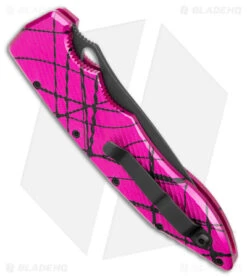 Piranha Predator Tactical Automatic Knife Pink (4.1" Black Serr) -Adventure Knife Shop Piranha Predator Tactical Auto Pink Black Serr BHQ 180462 jr side