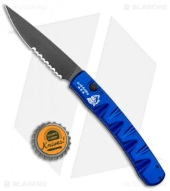 Piranha Virus Automatic Knife Blue Tactical (3.25" Black Serr) -Adventure Knife Shop Piranha Virus Auto Blue Tactical Black Serr BHQ 27811 jr bottlecap